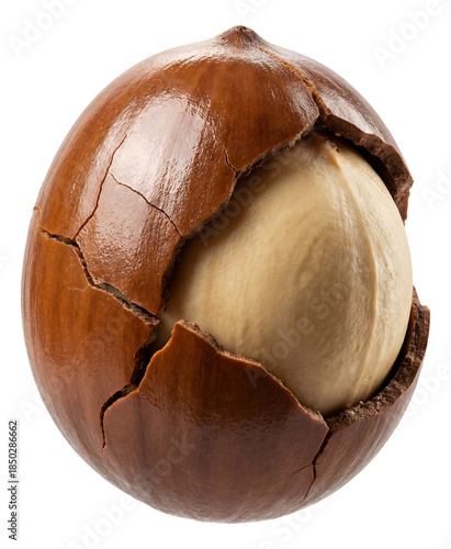 Shiny brown cracked acorn revealing its inner seed.