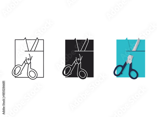 Scissors cutting paper icon set