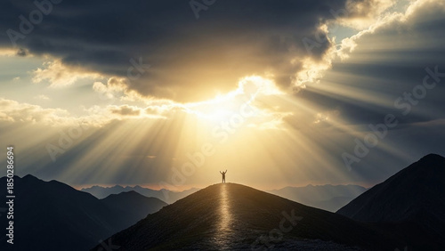 Sun rays breaking through dark clouds, hope and perseverance.