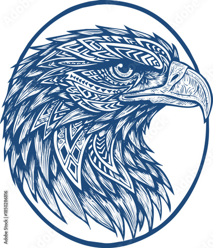 Stylized Blue Eagle Head with Tribal Patterns Inside a Circle Keywords: eagle, bird, raptor, predator, head, profile, tribal