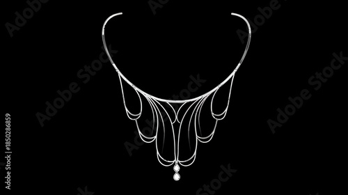 Elegant white gold necklace with delicate intricate design and pearl drop pendant, luxurious women's jewelry on black.