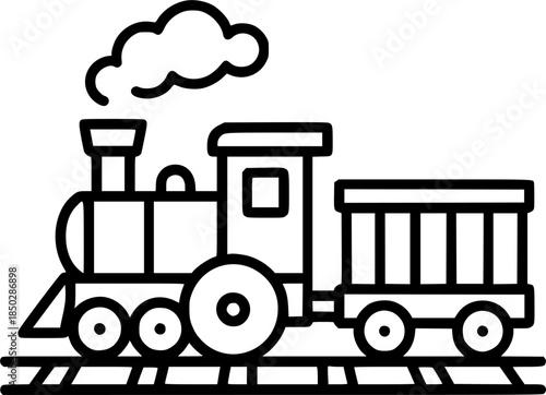 Steam locomotive chugs along railroad track, transporting cargo sign, symbol, vector, art