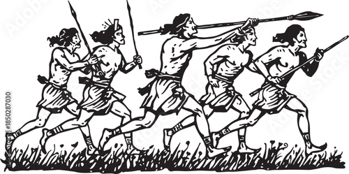 Ancient warriors running with spears in a grassy field, black and white illustration hunting