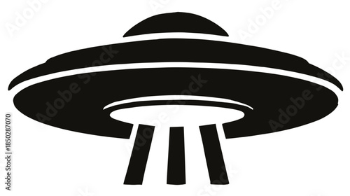 Mysterious Black Silhouette Icon of a Flying Saucer UFO with Light Beam. Extraterrestrial Alien Spacecraft Vector Graphic.