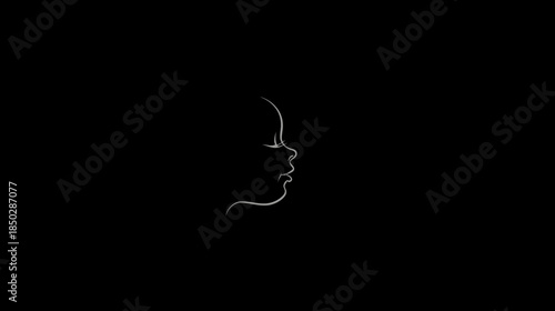Minimalist white line art profile of a child's head on a black background. Abstract baby silhouette illustration, simple elegance.