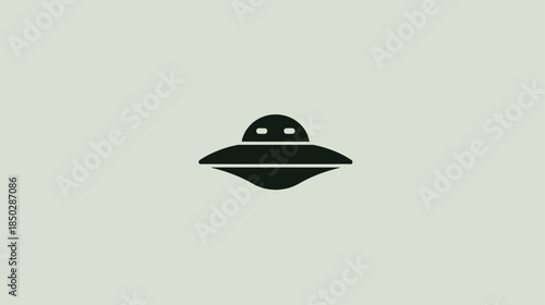 Minimalist black UFO icon on light gray background, unidentified flying object symbol, alien spacecraft concept, futuristic technology illustration.
