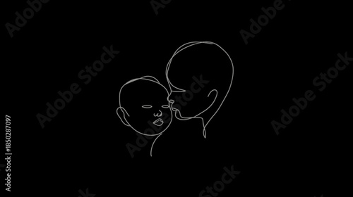 Minimalist continuous line art portrait of a loving parent and baby on black background, symbolizing family bond and care.