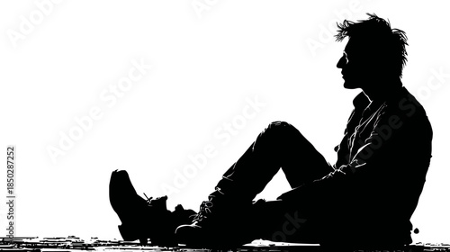 Thoughtful man's silhouette sitting in profile, contemplating or relaxing. High contrast black and white isolated image.