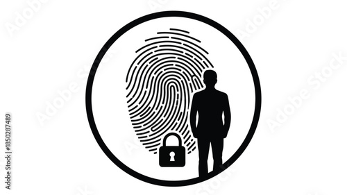 A circular design featuring a fingerprint a person and a padlock symbol representing security