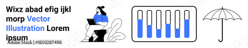 Woman seated with laptop, gradient-filled bar chart, and umbrella outline suggesting planning, analysis, protection. Ideal for data analytics, research, safety, insurance concepts simple landing