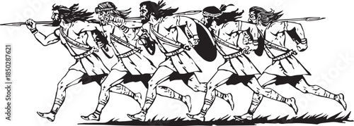 Line art illustration of a group of ancient warriors running with spears and shields in black and white