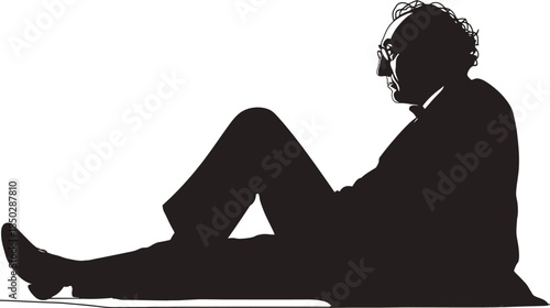Side profile silhouette of a thoughtful man with glasses sitting on the ground, contemplating, relaxing, or listening.