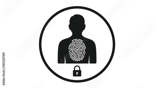 A black silhouette of a person s head and shoulders with a fingerprint and padlock symbol