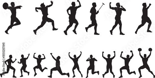 Silhouette Athletes In Various Sports Actions And Celebrations On White Background Keywords: athlete, sport, silhouette, action, celebration, jumping, throwing, boxing, running, movement, dynamic