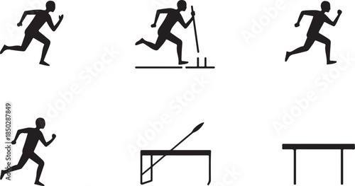 Silhouette athletes participating in track and field events with hurdles and javelin on white background Keywords: track and field, athlete, sport, silhouette, running, hurdle, javelin