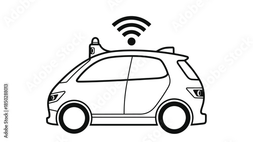 Line art illustration of a self driving car with a wifi signal above it