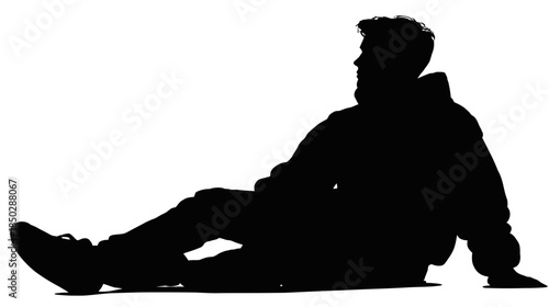 Side view full length silhouette of a relaxed young man sitting down, leaning back, and looking to the side. Isolated on white background.