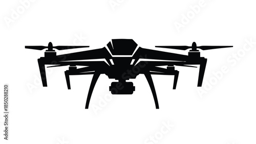 A minimalist black silhouette of a modern drone with visible propellers on a white background