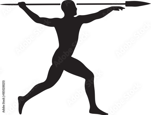 Silhouette of a male athlete throwing a spear in a dynamic pose on a white background vector illustration