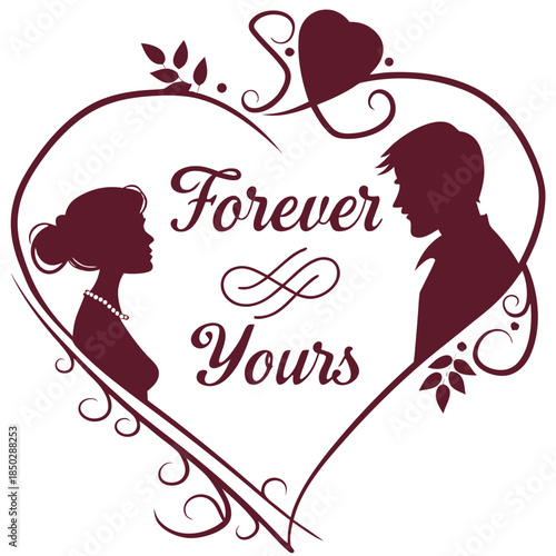 Forever Yours: An emblem of enduring love, where silhouettes of a couple entwined within a heart-shaped embrace, symbolizing the commitment. 
