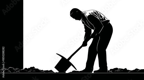 Dramatic black and white silhouette of a man digging earth with a shovel, a top hat nearby. Concept of hard work, effort, and uncovering.