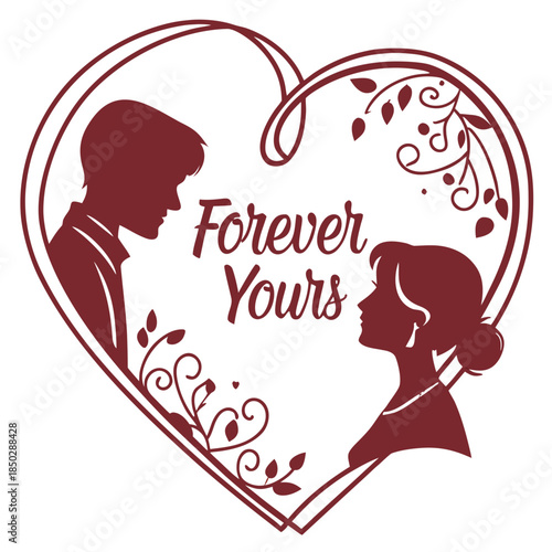 Eternal Silhouette: A tender silhouette of a couple's bond of love, embraced by a decorative heart, signifies enduring affection.