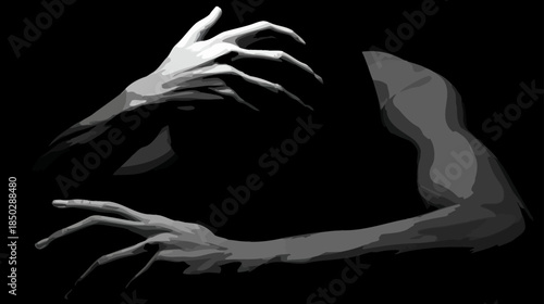 Dramatic black and white image of two human arms and claw-like hands emerging from darkness, evoking mystery and suspense.