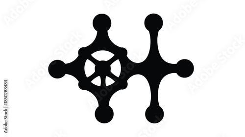 Abstract black symbol with circular elements and a central flower like shape on white background