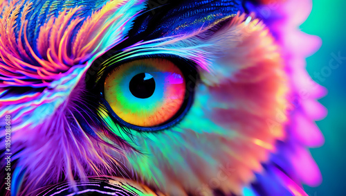 Colorful Owl Eye Close-Up With Neon Feathers and Rainbow Iris