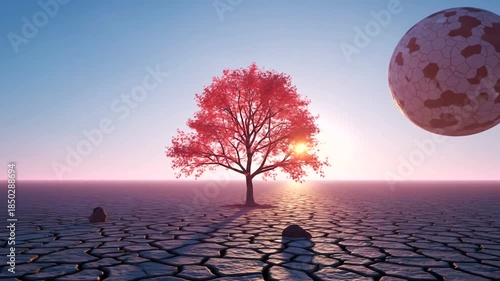 Surreal Landscape with Red Tree and Distant Planet at Sunset.