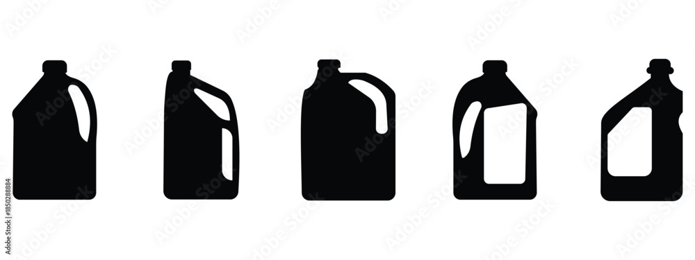 Fototapeta premium Motor Oil Bottle Icon Set – Industrial Lubricant, Gear and Droplet Silhouettes in Black Vector Collection
