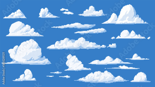 Clouds vector pixel set on blue, cartoon cloudy weather forecast with squared contour, bitmap retro 8 bit meteorology