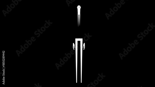 Modern minimalist abstract design featuring white geometric industrial shapes on a stark black background.