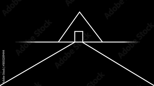 Futuristic minimalist abstract portal design with white lines on black background, symbolizing journey, future, and new beginning.