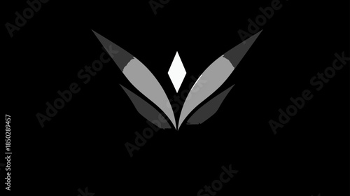 Sleek abstract symmetrical graphic design element with stylized wings, leaves, or petals and a central white highlight on black.
