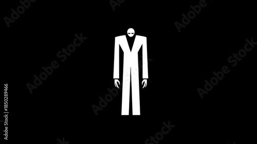Abstract minimalist white elongated humanoid figure standing against a stark black background, symbolic mysterious character illustration.