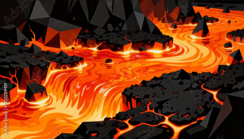 Lava and molten metal hot lava with flowing shapes, bright orange glow and black crust, the effect of power and creative destructiveness. For scenes of natural disasters, fantasy and game art. EPS_03.