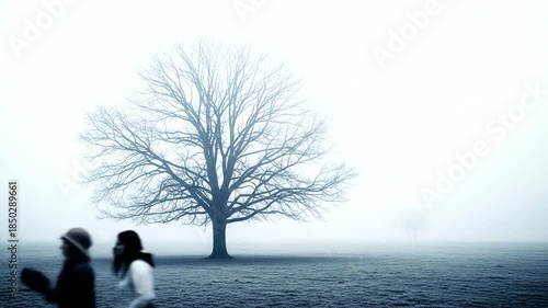 Two men walking in a foggy field with a bare tree in the background, creating a mysterious and atmospheric scene.