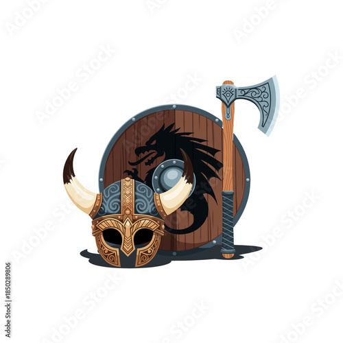 Viking helmet, Shield and axe icon logo flat vector design
