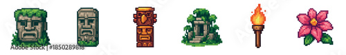 Pixelated collection of jungle adventure icons including ancient stone statues, a wooden tiki totem, an overgrown ruin, a burning torch, and a pink hibiscus flower