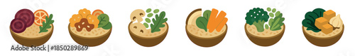 Collection of six different healthy grain bowls with various vegetarian toppings like tofu, mushrooms, and broccoli, shown in a simple and clean flat vector illustration style