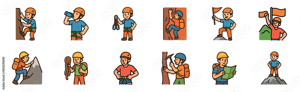 Fototapeta premium Collection of colorful climbing and mountaineering icons featuring a cartoon character in various poses like scaling a rock face, holding rope, reading a map, and reaching a summit