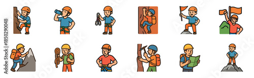 Collection of colorful climbing and mountaineering icons featuring a cartoon character in various poses like scaling a rock face, holding rope, reading a map, and reaching a summit