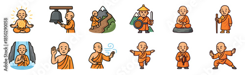 Collection of cute cartoon Buddhist monks in various poses showing spiritual life, meditation, martial arts, hiking, and praying, presented as a character set of icons