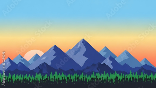 Minimalist mountains with sunset and green trees isolated on a transparent background