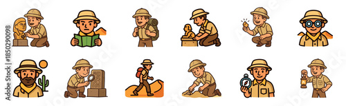 Cartoon explorer and archaeologist character set showing a man in a pith helmet on an adventure, digging for artifacts, reading a map, and holding a compass for an expedition