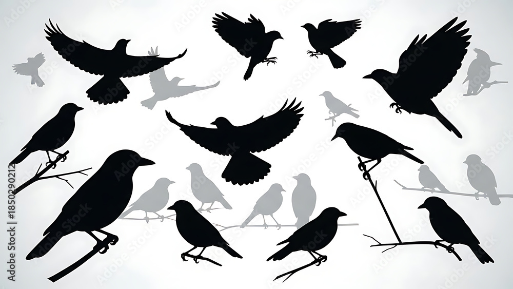 Obraz premium Silhouettes of birds flying and perched on branches isolated on a transparent background