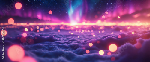 Dreamlike Aurora Over Cloud Sea With Pink Glow, Stars, and Soft Bokeh Lights