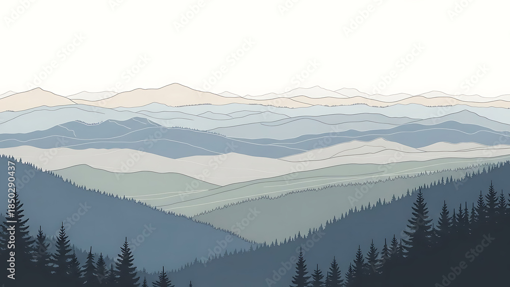 Obraz premium Layered Mountain Landscape with Forests isolated on a transparent background