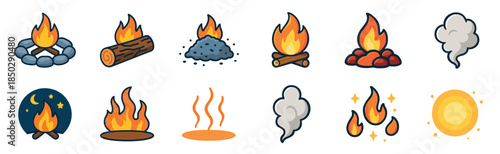 Collection of twelve fire and heat icons featuring campfires, flames, a burning log, smoke puffs, embers, and a sun, all designed in a clean, flat cartoon vector style
